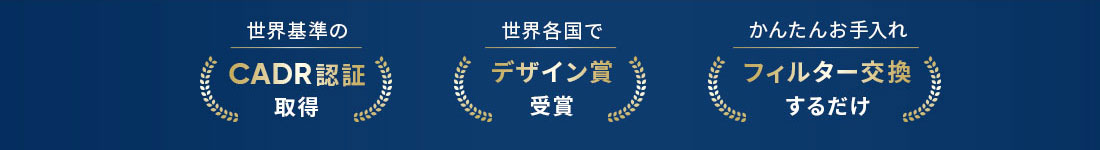 世界基準のCADR認証取得 世界各国でデザイン賞受賞 かんたんお手入れフィルター交換するだけ